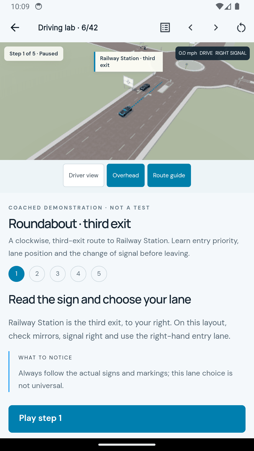 Guided 3D lesson screen in the Learn and Drive app